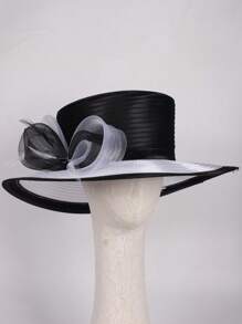 HIMESPORT Sombreros de boda para mujer verano 2025 - Bombín vintage con ribete de cinta de encaje, sombrero de cúpula elegante de ala ancha para el té, la iglesia y los accesorios nupciales, diseño de copa plana ajustable negro/blanco
