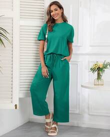 COMFY VOGUE 2pcs Women's Solid Knit Casual Vacation Drawstring Short Sleeve Top And Pants Set, Lightweight - 綠色 - 查看 1