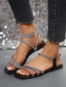 女士精美水钻装饰平底拖鞋，时尚百搭凉鞋，适合约会、街头、派对、通勤、度假、居家休闲、春夏穿搭 - 黑色 - 查看 4