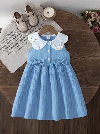 BASUSARRI Young Girls Hollow Lace Peter Pan Collar Waist Bow Cute Lady Dress, Versatile For Outings, Gatherings, And Casual Wear