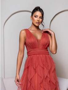 Long Party Dress With Sparkle And Cascading Skirt With V-Neckline - Đất nung - Xem 6