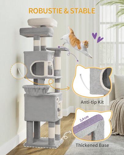 Hzuaneri 159cm Cat Tree For Indoor Cats, Cat Tower, Multi-Level Cats Condo With 8 Scratching Posts, 3 Platforms, 2 Caves, Basket, Plush Balls, Sisal Rope, Anti-Tip Kit, Light Grey