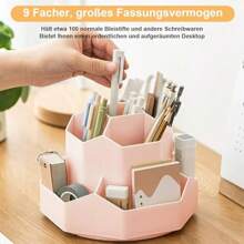 1pc Desktop Storage Box Rotating Pen Holder - 360 Degree Multi-Function Pen Cup With 9 Compartments Suitable For Office, School, Home (Pink)
