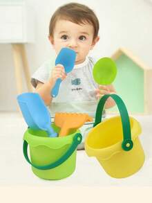 16 件/套儿童软塑料沙滩玩具，包括水桶、铲子、耙子、勺子、动物模具、绿色、粉色、黄色，适合 3-6-12 岁男孩和女孩，沙滩、沙箱、户外游戏、沙滩游戏套装、儿童沙滩玩具、雪铲工具、沙滩桶铲、16 岁女孩、儿童铲