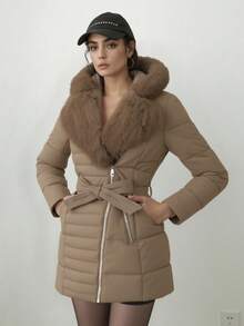 Chaqueta acolchada para mujer, talla grande, acolchada, ligera, con capucha, plegable - Marrón - Ver 2