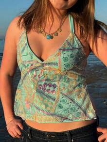 Women Y2k Summer Halter Sequin Tops Backless Tie Backless Crop Tank Tops Sparkly Graphic Print Camisole Deep V Neck Slim Fit Going Out Tops Clubwear Vintage Streetwear Aesthetic Clothes - 綠色 - 查看 3