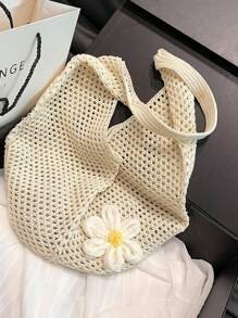 Hollow Knit Tote Bag, Large Capacity Women Handbag Beach Bag, Unlined, Polyester Fiber, Suitable For Summer Beach Leisure, Single Party Gift
