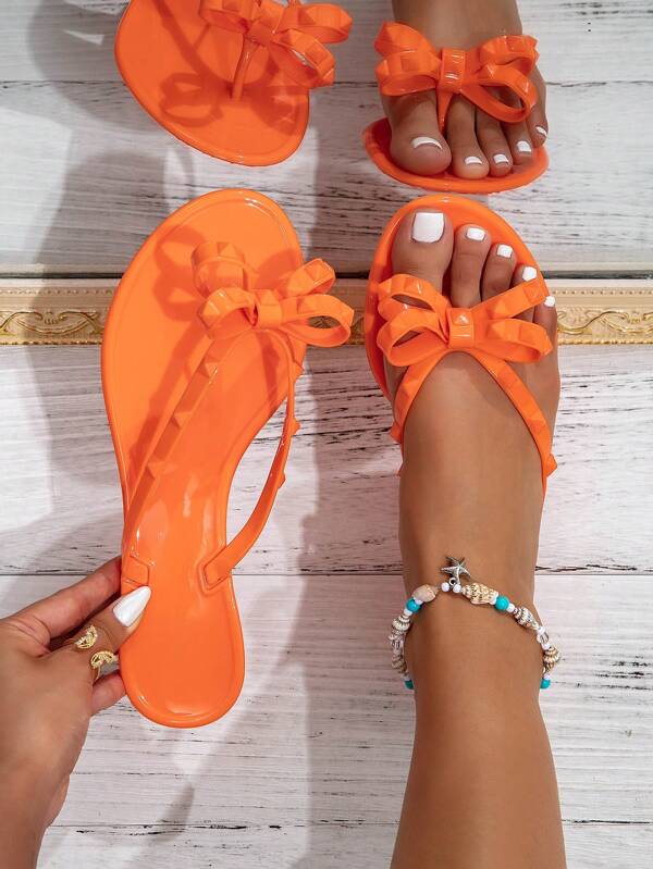 Women's Square Stud Bow Flip Flops, Beach Resort Style, Black Flat Thong Sandals For Summer
