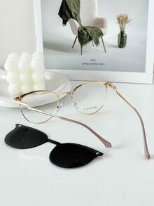 MELINDA MODA Women's Prescription Glasses Frame Metal Round Clip-On 2 IN 1 One Flat Mirror + One Lens - Caqui Com Dourado - View 6