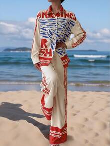 2025 春夏女装时尚波西米亚度假装休闲度假舒适海滩家居沙丁鱼图案印花两件套女士早午餐装