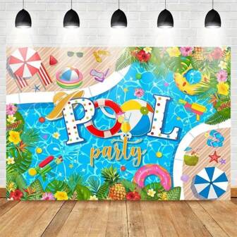 1 pièce, Toile de fond de photographie en polyester, Fond hawaïen de piscine bleue d'été, Décoration de table de gâteau de fête d'anniversaire de palmiers tropicaux, Fournitures de bannière pour photomaton, Tenture murale joyeuse pour décoration de chambre, Décoration de drapeau d'anniversaire, Décorations de fête