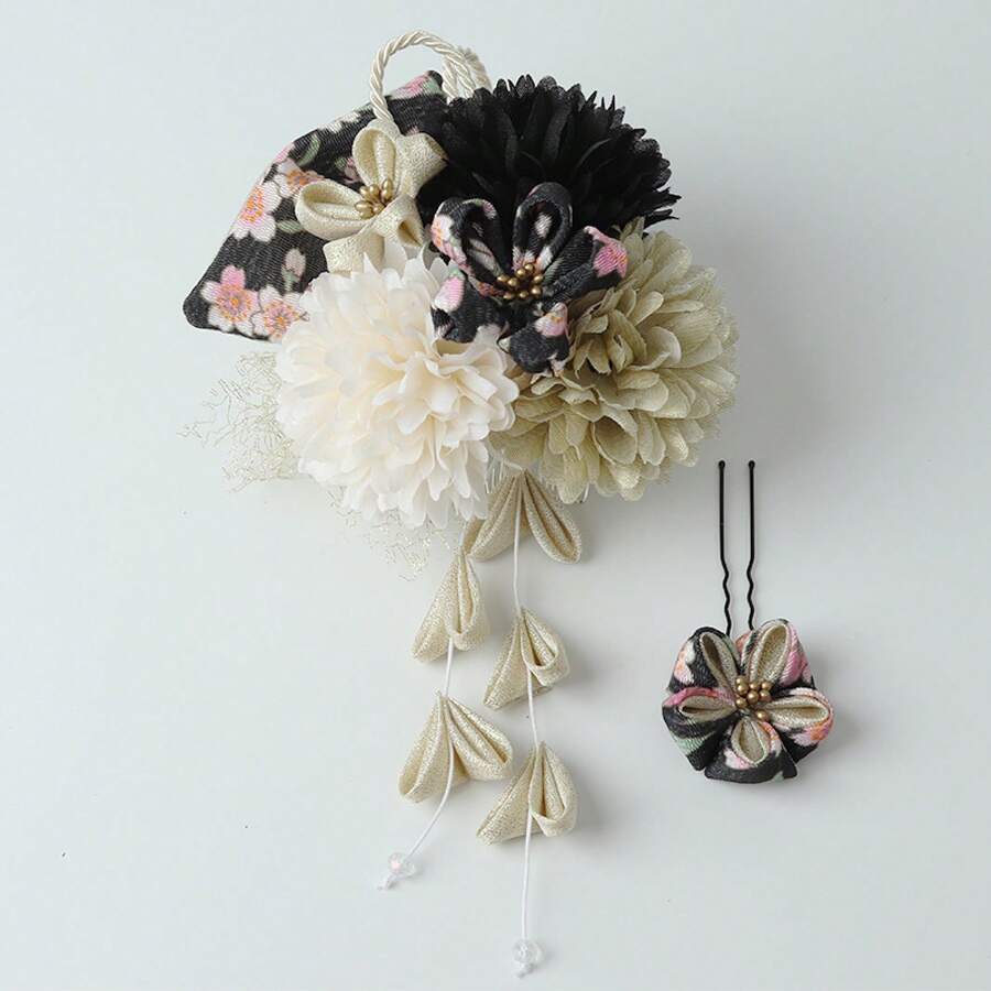 Hanfu Silk Flower Hair Accessory And Japanese-Style Fine Work Updo Hair Makeup And Styling Travel Photo Hair Flower Set Kimono Hair Comb Set - Black - View 1