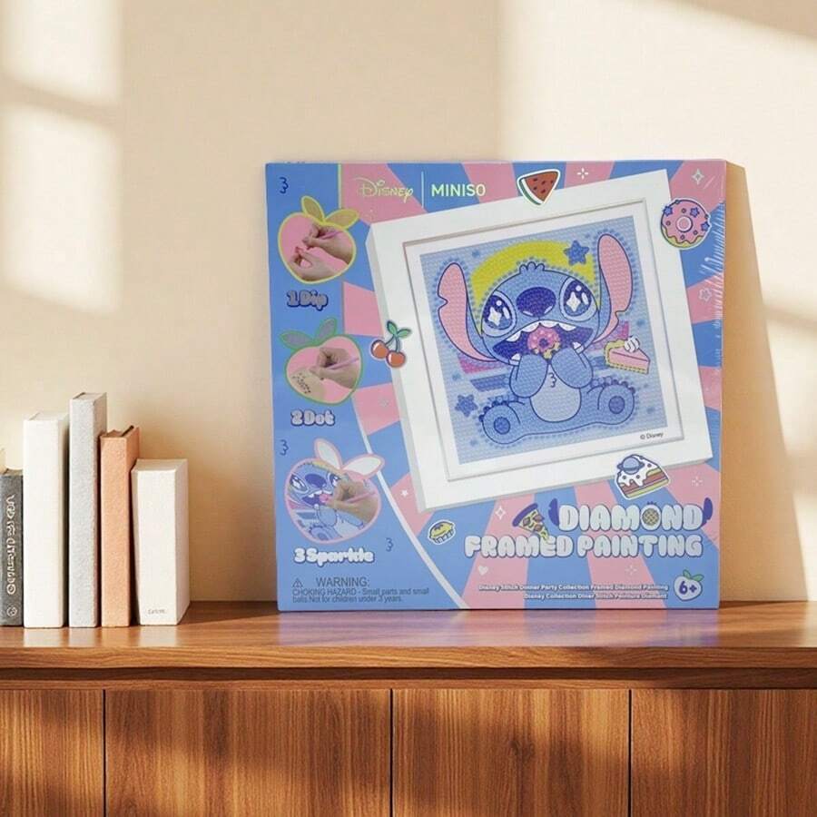 Miniso Disney Stitch Food Party Series Diamond Painting Frame - Diamond Sticker Material + Stitch Food Shaped Details, Framed Design, Handmade DIY/Home Decor/Stitch Peripheral Product (1pc) - Multicolor - View 1