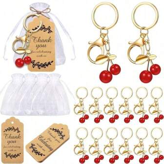 4/8/16/20pcs Cherry Keychain Party Favors Set Steel Cherry Keyring Red Cheery Charm Aesthetic Accessories Souvenir Present With Kraft Tags Organza Bag For Guests Baptism Shower Wedding(Cherry)