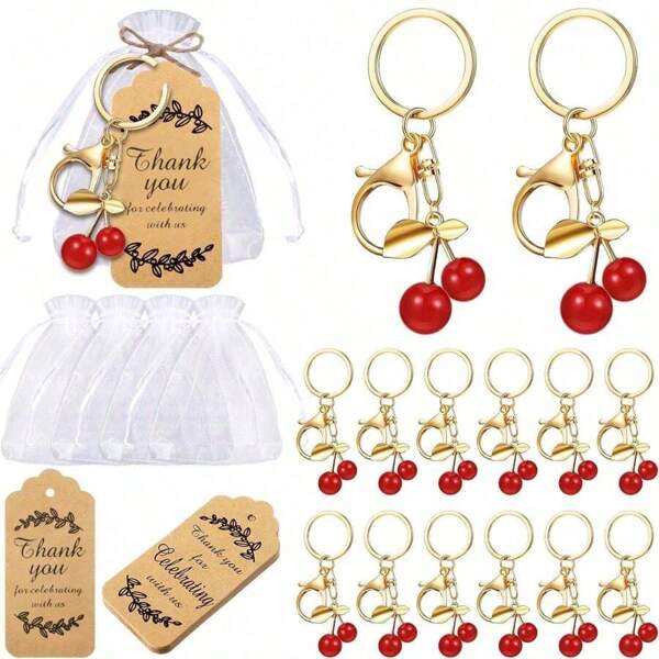 4/8/16/20pcs Cherry Keychain Party Favors Set Steel Cherry Keyring Red Cheery Charm Aesthetic Accessories Souvenir Present With Kraft Tags Organza Bag For Guests Baptism Shower Wedding(Cherry)