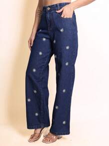 Calça jeans wide leg estampado de florzinha feminino