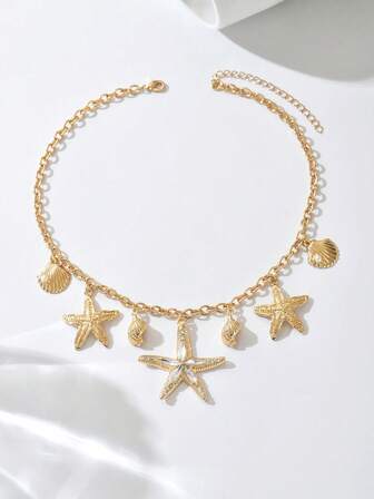 1 件优雅时尚的女士波西米亚风格珠宝项链，带有各种海洋元素 - 金海星、彩色人造贝壳、贝壳、金鱼吊坠、海马、红龙虾、美人鱼、螃蟹、竹珠、仿玉珠，适合所有季节
