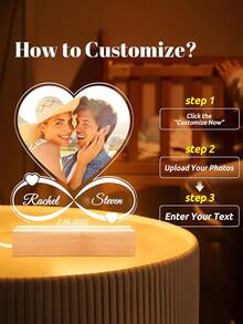 Personalized Custom Picture Frames With LED Night Light Christmas Gifts New Year Acrylic Heart Plaque Wooden Stand Table Lamp Customized Photo, Mother's Day Anniversary Birthday, Unique Gift For Couples, Girlfriend, Boyfriend, Family, And Friends - Perfect For Christmas, Birthday, Anniversary, And Romantic Occasions, Personalized Gifts ,Urban Gala ,Fashion Decor - Multicolor - View 4