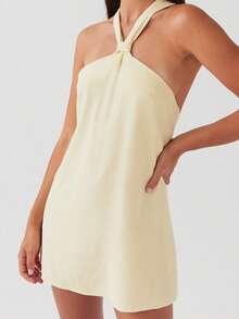 Women Twist Knot Mini Dress Halter Neck Cross Tie Back Club Party Short Dress Summer Sleeveless Casual Vacation Sundress - Màu vàng - Xem 3