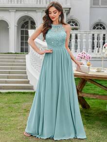 MIUSOL 亮片花卉蕾丝露背褶皱雪纺正式派对长裙，适合婚礼宾客、毕业典礼、盛大晚宴和其他正式场合的正式晚礼服 - 薄荷藍 - 查看 5