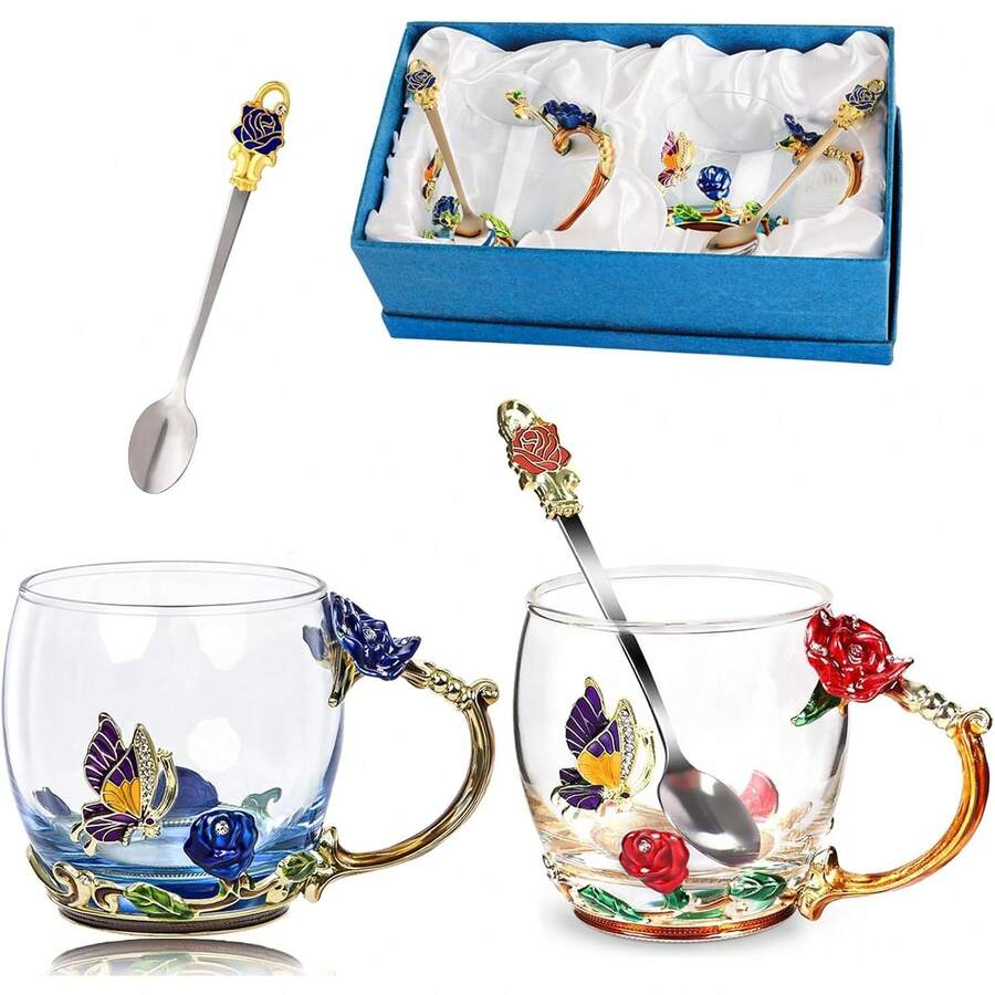 Tea Cup Glass Coffee Mugs,Fancy Tea Cup Set Birthday Christmas Valentine's Day Gift Idea For Tea Lover And Women Novelty Coffee Mugs Rose Flower Enamel Tea Cup Glass Mug With Spoon Set - 藍紅玫瑰杯 - 查看 1