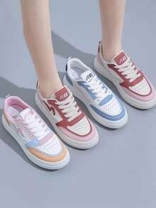 Zapatillas de deporte de color sólido de la PU del dedo del pie redondo del cordón de las mujeres, zapatillas de deporte respirables casuales cómodas, zapatos planos unisex antideslizantes de la pareja - Azul - Ver 3