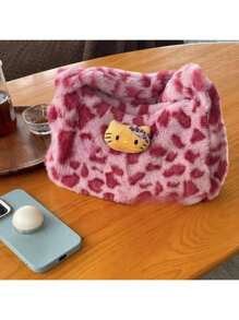 Sanrio 1 Pc Hello Kitty Is A Highly Attractive Japanese And Korean Hottie Must-Have Leopard Print Black Leather KT Shoulder Hand-Held Plush Bag With Large Capacity Ins Style