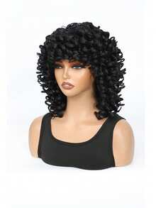 14" Black Curly Wig With Bangs - Big Bouncy Full Fluffy | Heat Resistant Synthetic | Daily Use Easy To Wear Beginner Friendly - 黑色 - 查看 6