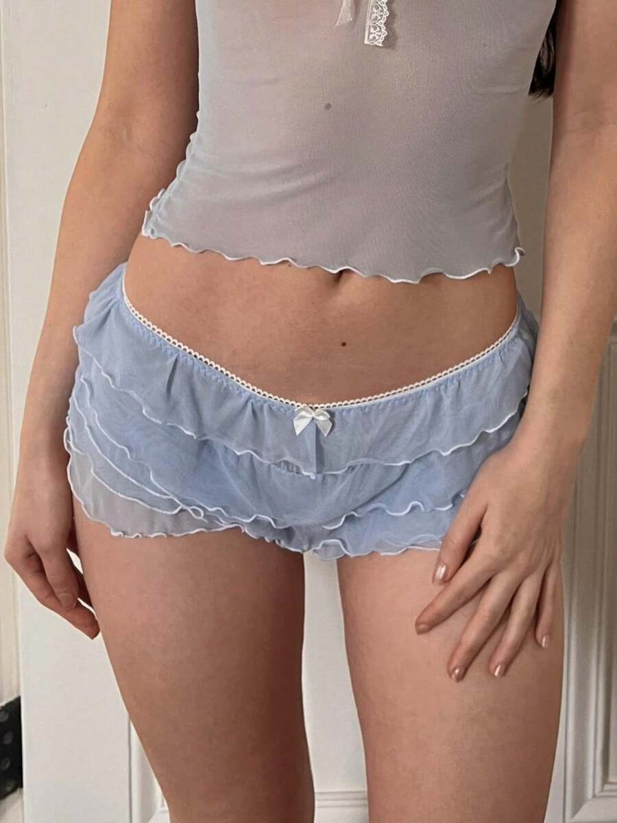Women's Summer Fashion Slim Solid Color Low Waist Mini Multi Layered Ruffled Shorts For Daily Streetwear Vacation - Blue - View 1