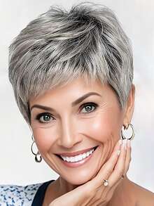 1 peruca feminina elegante cinza ombré, cabelo sintético macio e fofo, fibra de alta temperatura, touca de rede rosa, estilo reto com densidade de 150%