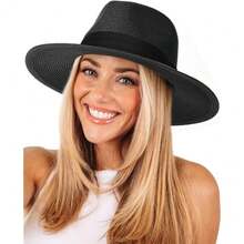 Womens Mens Wide Brim Straw Panama Hat Fedora Summer Beach Sun Hat UPF Straw Hat For Women - Black - View 1