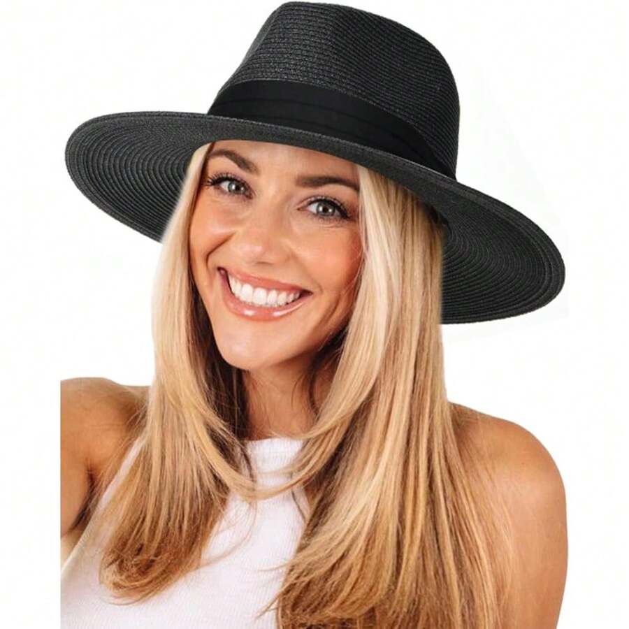 Womens Mens Wide Brim Straw Panama Hat Fedora Summer Beach Sun Hat UPF Straw Hat For Women - Black - View 1