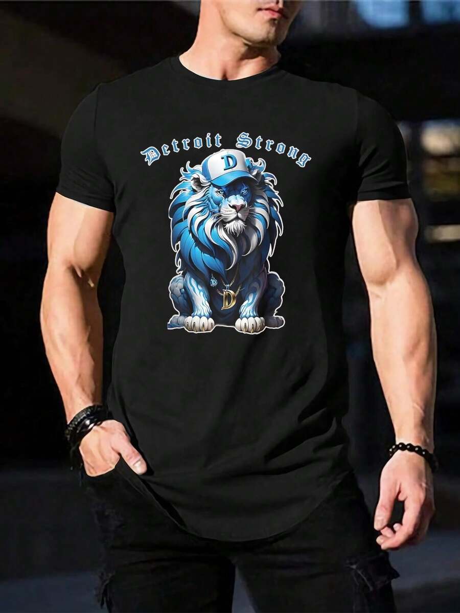 Camiseta Detroit Strong Lion - Diseño de gorra de león azul, ropa urbana única para hombres y mujeres - Moda Detroit Pride, camiseta de manga corta informal - Regalo perfecto - Negro - Ver 1