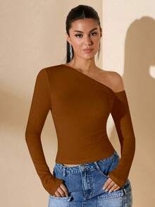 Women's Minimalist Asymmetric Shoulder Long Sleeve Fitted T-Shirt Top, Daily Use, Fall/Winter Festa Junina Festa São João - 摩卡棕 - 查看 1