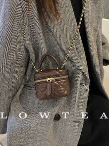 low tea 1 pezzo Borsa a mano in PU color tinta unita, basso tè, borsa a scatola mini vintage alla moda per donna, design con manico superiore, chiusura con cerniera, adatta per viaggi, shopping, appuntamenti, regalo da donna, perfetta per pendolarismo, attività all'aperto, viaggi, escursioni e uscite - Caffè - Visualizzare 2