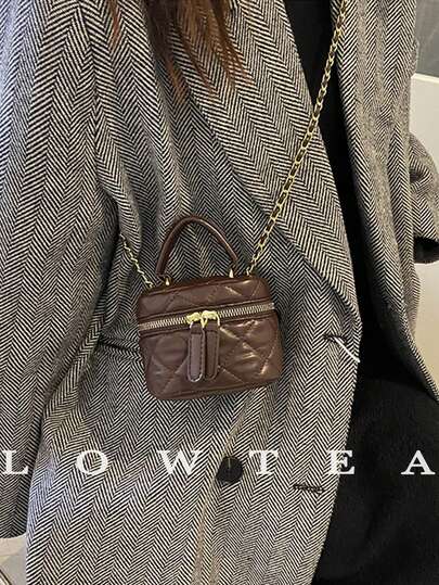  1pc Low Tea Solid Color PU Leather Handbag, Women Vintage Fashion Mini Box-Shaped Handbag, Top Handle Design, Zipper Closure, Suitable For Travel, Shopping, Dating, Women's Gift, Perfect For Commuting, Outdoor, Travel, Hiking, And Going Out