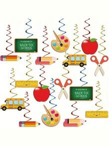16 piezas Decoraciones en espiral para fiestas de vuelta al colegio, colgantes en espiral con forma de manzana, colgantes de decoración para el aula de vuelta al colegio, decoración de escena para la temporada de vuelta al colegio, decoraciones colgantes, lápiz, regla, pizarra, tijeras, decoración de aula