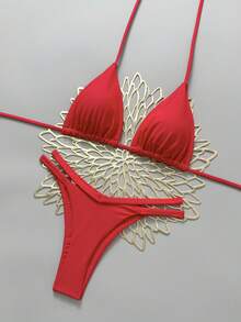 European & American Minimalist Sexy Backless Tie-Up Top & Thong Bikini Set, Bright Red - Red - View 4