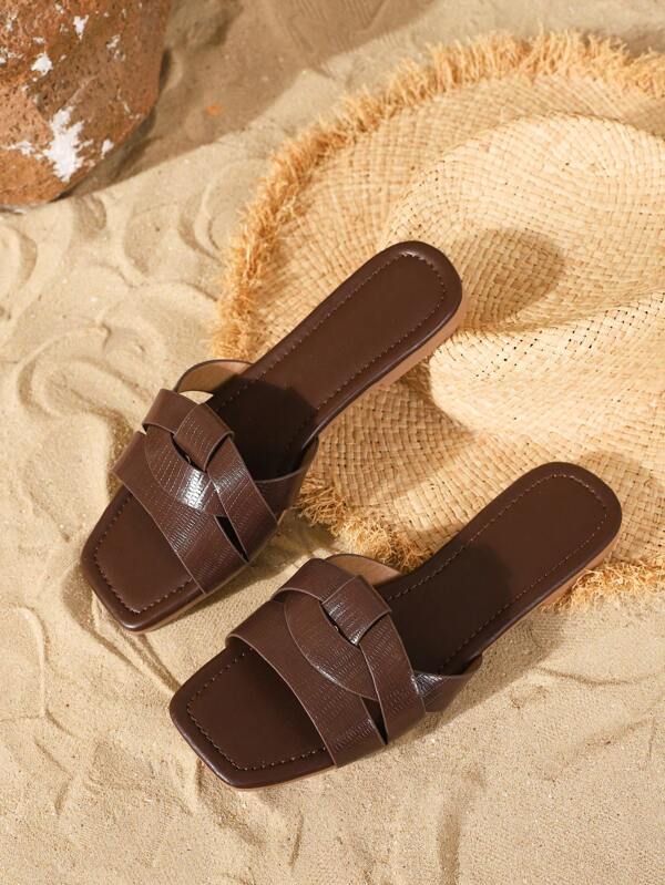 2025 New Fashion Flat Sandals For Women, Simple Square Toe Casual Vacation Daily Animal Print Multi-Strap Solid Color Ladies Slippers