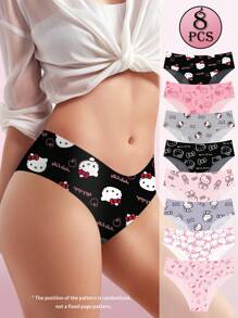 Sanrio 8 Peças/Conjunto Calcinha Sem Costura com Estampa de Cintura Baixa Hello Kitty da Sanrio para Mulheres