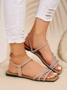 Women's Fashion Crystal Rhinestone Flat Slippers, Versatile Beach Sandals Suitable For Date, Shopping, Party, Commuting, Vacation, And Casual Home Wear, Summer - Khaki - View 3