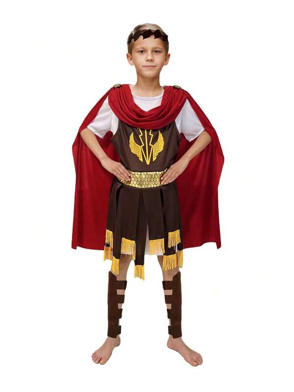 Set costume da soldato romano da 3 pezzi per ragazzi, include tunica, copricapo e paracoscie, adatto per carnevale, Ognissanti, spettacoli, compleanni e varie feste
