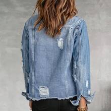 Necooer Women's Denim Jacket Old Wash Button Boyfriend Denim Jacket Jacket With Pocket - Màu xanh nhạt - Xem 4