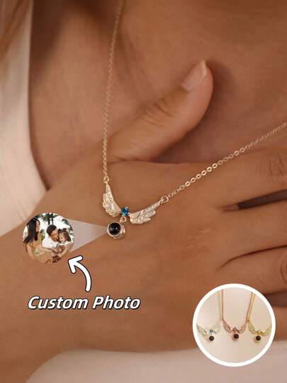 1 Collar con proyección de foto personalizada con forma de ala y piedra natal | Collar corto de acero inoxidable con proyección de foto y piedra natal con forma de ala | Collar conmemorativo con forma de ala y piedra natal | Regalo personalizado para el Día de San Valentín | Foto personalizada | Collar personalizado