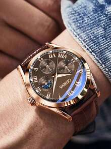 1pc/Set Men's Business Three-Eye Roman Dial Quartz Leather Strap Watch, Suitable For Daily Wear, Birthday, Gift For Men, Anniversary, Halloween And Other Holiday Gifts, No Gift Box - Rose Gold - View 2