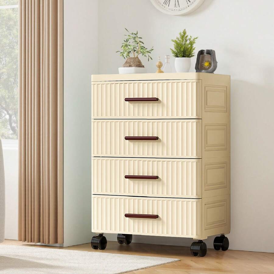 Plastic Drawer Storage, 48 Cm Wide Plastic Chest Of Drawers For The Bedroom, Plastic Storage Trolley With Ribbed Design And Wheels, Drawer Tower For The Living Room In The Bedroom - Mơ 4 lớp - Xem 1