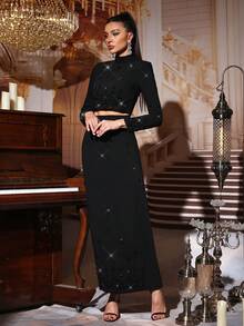 Modphy New Luxury Handmade Bead & Rhinestone Embellished Solid Color Stand Collar Long Sleeve Diamond Decor Crop Top & Long Skirt 2Pcs Suit Party Dress, Black - Black - View 6