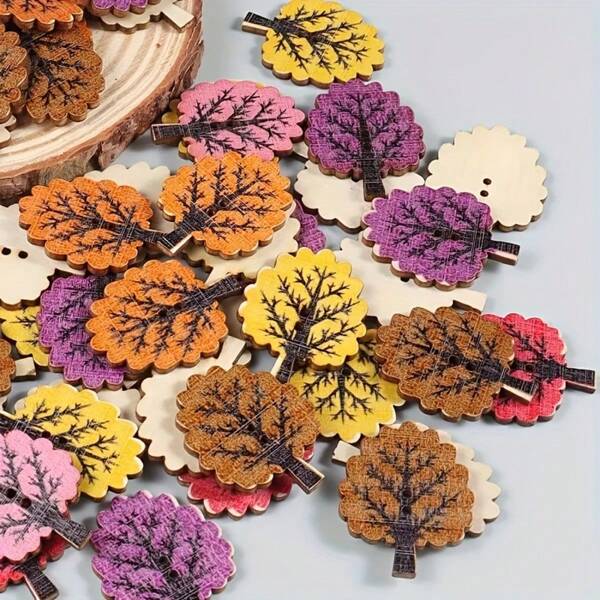 50 pièces de boutons en bois de forme de feuille à 2 trous, mélangés pour la couture, l'artisanat, le scrapbooking et le DIY, de couleurs aléatoires