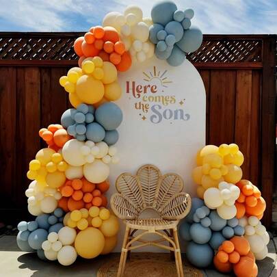 Here Comes The Son Balloon Arch Garland Kit, Boho Retro Blue Yellow Orange Nude Latex Balloons For Sun First Trip Around The Sunshine Theme Babyshower Birthday Party Decoration Supplies