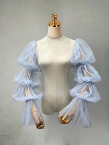 1 对女士袖口，有黑色、白色、红色、粉色、浅蓝色、香槟色可选，新娘手套，婚纱配饰，多层薄纱泡泡袖 - 彩色 - 查看 4